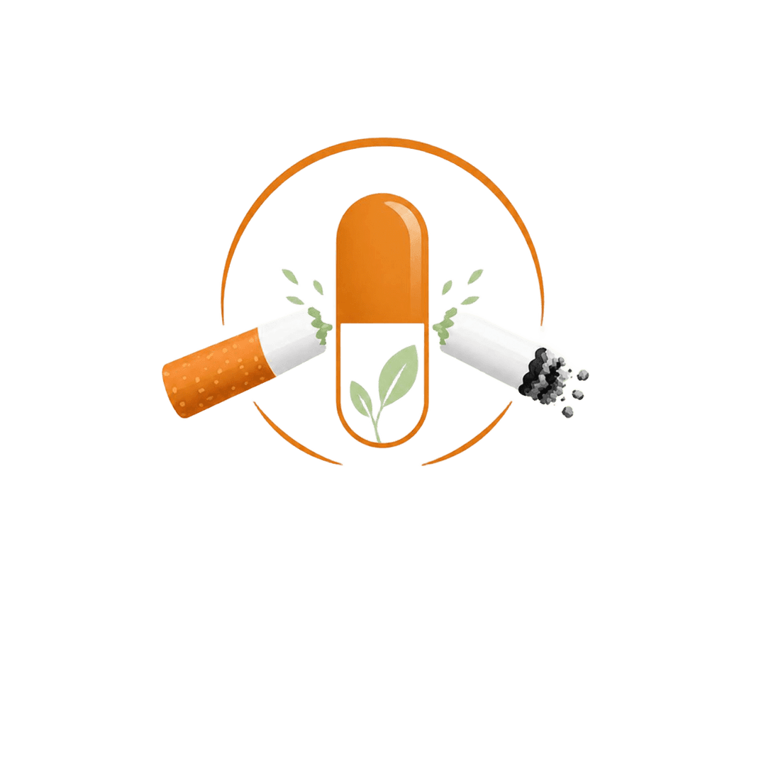 Logo Pharmarrêt : capsule orange entourée de feuilles, traversée par une cigarette brisée